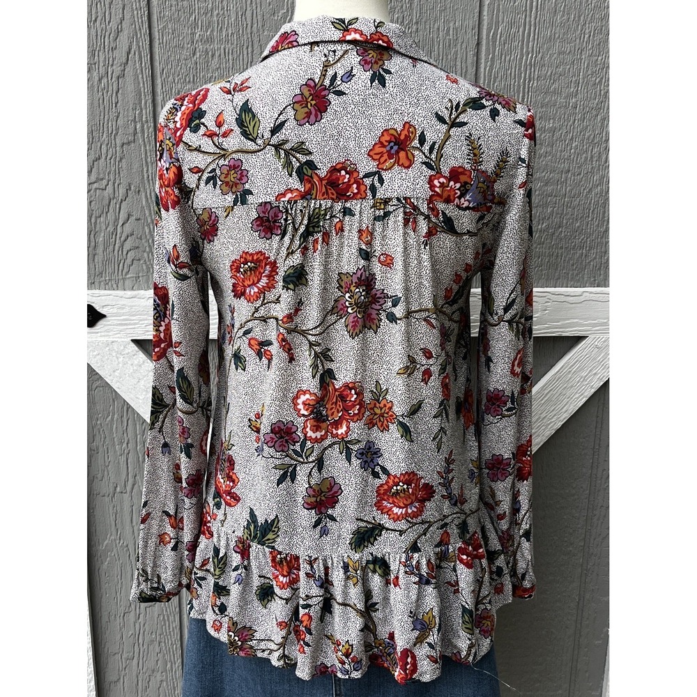 Maeve Anthropologie Janie Flounce Hem Button Up Polka Dot Floral Blouse Size 0 - Picture 7 of 11